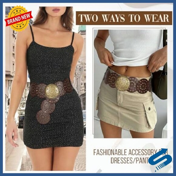 Western Hollow Disc Leather Belt Wide Adjustable Cowgirl Style main image 8